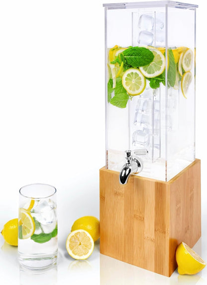 1.25-Gallon Acrylic Beverage Dispenser with Ice Core & Bamboo Stand
