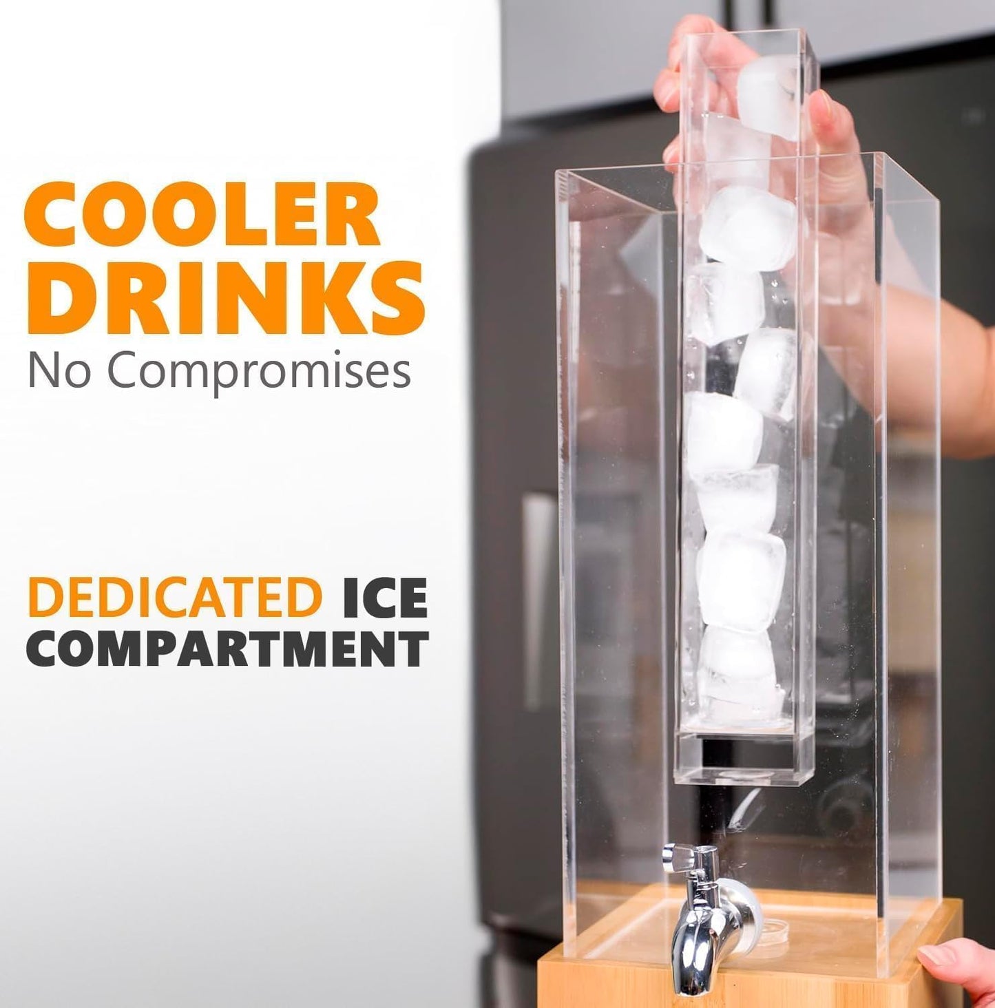 1.25-Gallon Acrylic Beverage Dispenser with Ice Core & Bamboo Stand