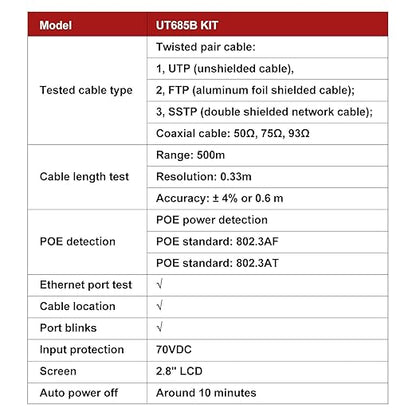 UT685B 5-in-1 TDR Cable Tester with Backlit LCD & PoE Detection