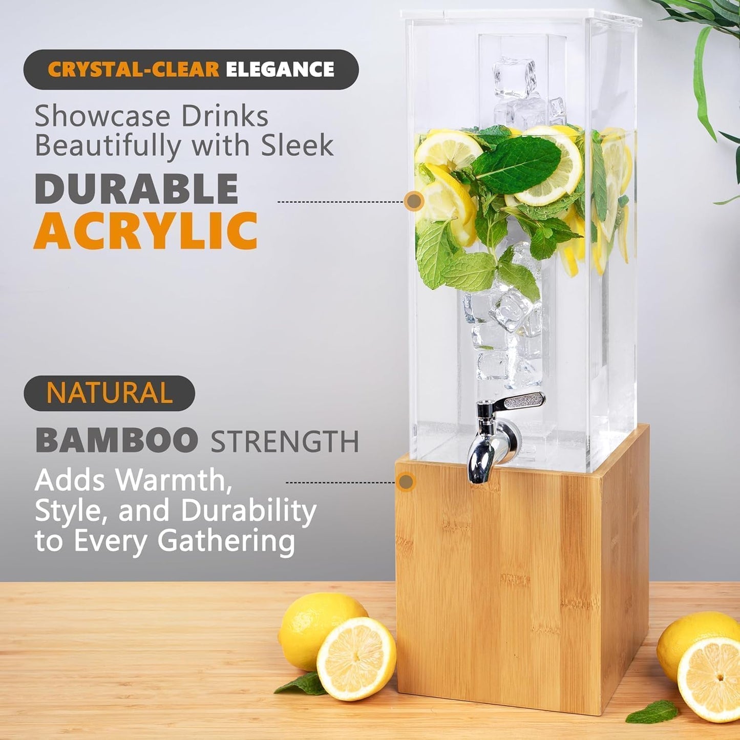 1.25-Gallon Acrylic Beverage Dispenser with Ice Core & Bamboo Stand