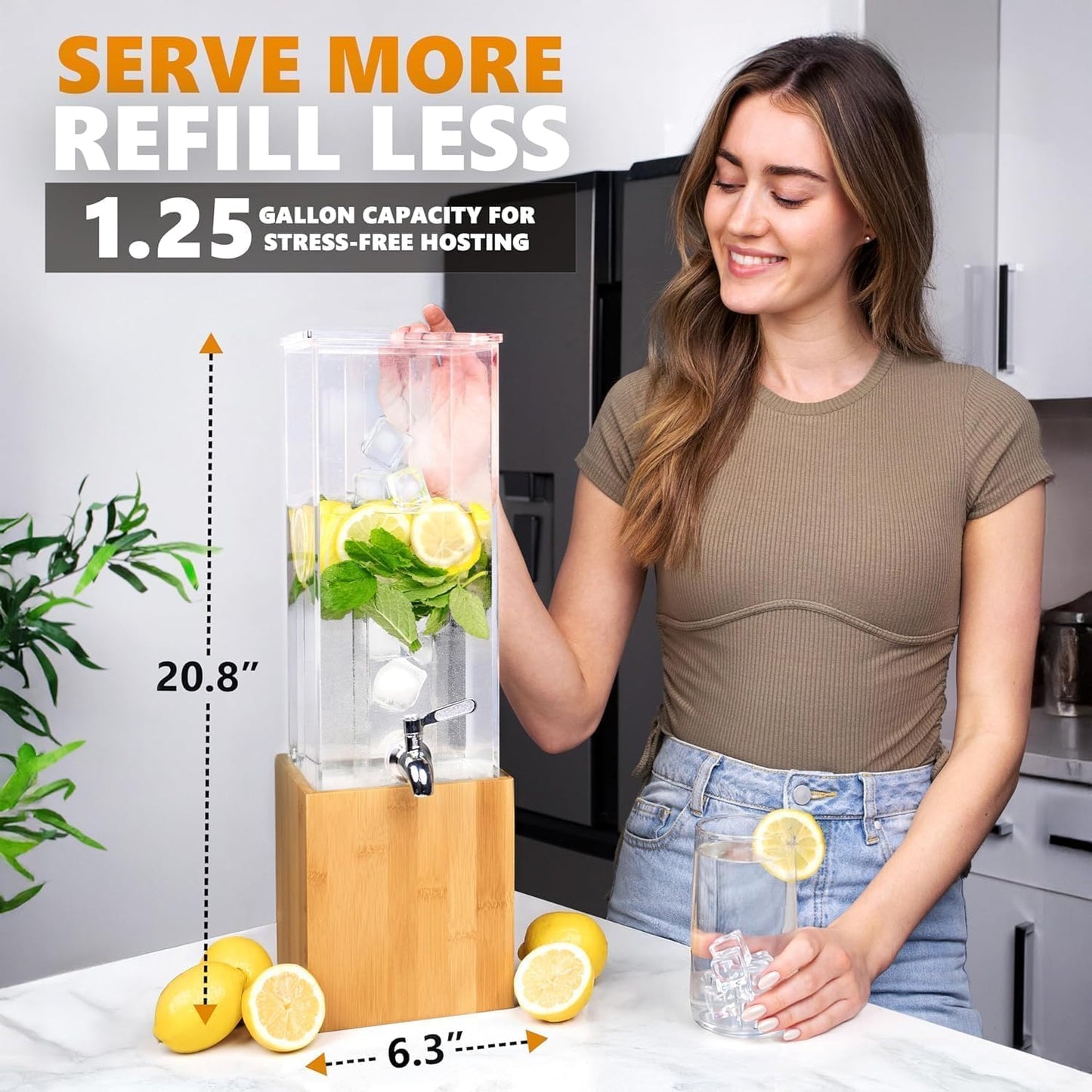 1.25-Gallon Acrylic Beverage Dispenser with Ice Core & Bamboo Stand