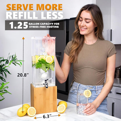 1.25-Gallon Acrylic Beverage Dispenser with Ice Core & Bamboo Stand